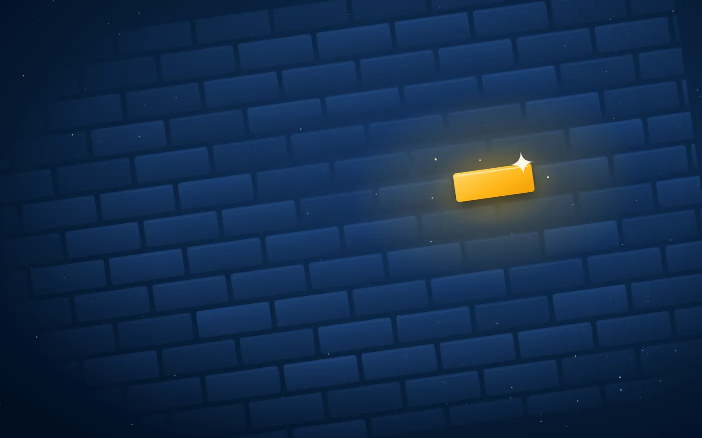 A dark wall of identical bricks with one glowing amber brick standing out