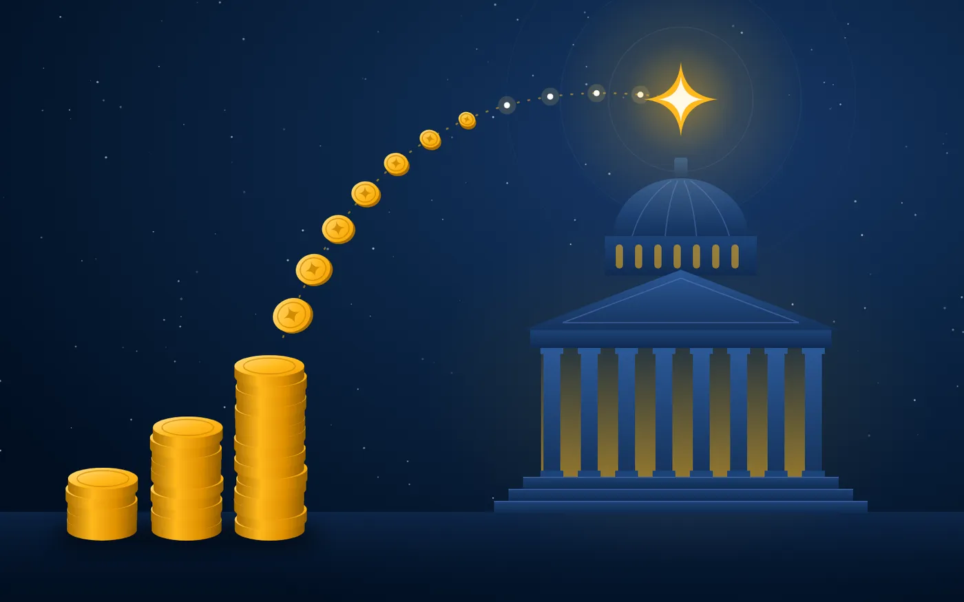 Stacks of gold coins, and a trail of coins rising from them and turning into stars that lead to the North Star above a university building