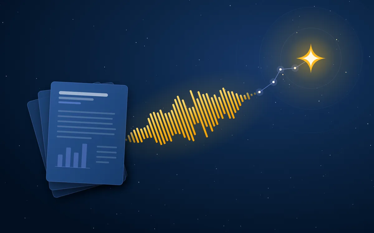 A stack of research papers giving off an amber sound wave that rises into a constellation and the North Star