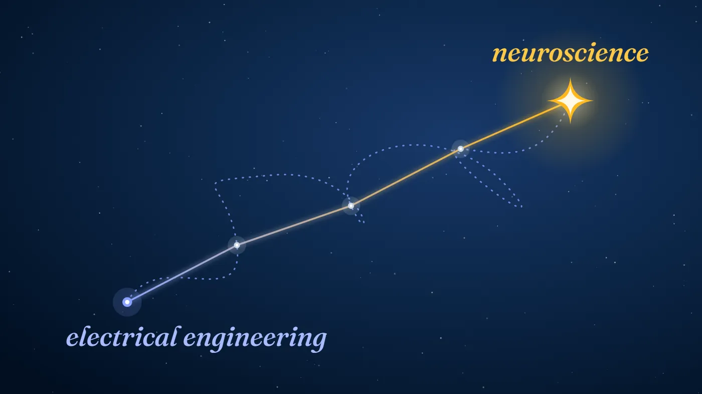 Two points labelled ‘electrical engineering’ and ‘neuroscience’. A dotted path wanders and loops between them, while a clear line joins the same dots in order.