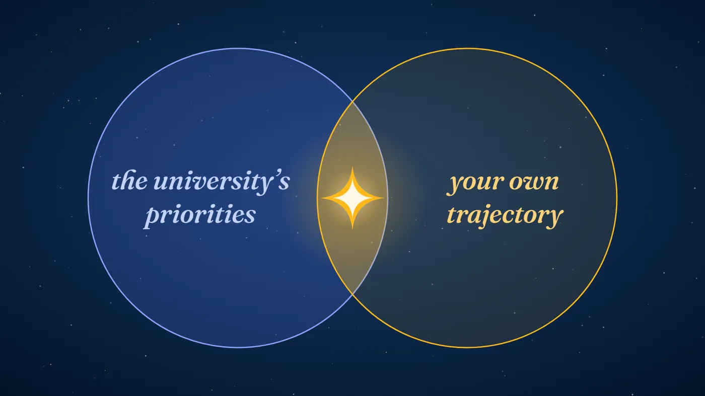 Two overlapping circles, a blue one labelled ‘the university’s priorities’ and an amber one labelled ‘your own trajectory’, with a bright star where they overlap.