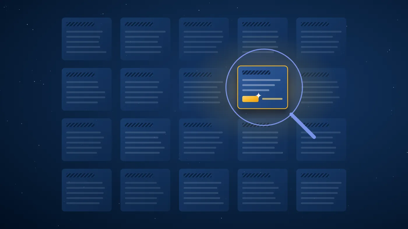 Twenty resumes with the names blacked out. A magnifying glass picks out the one that stands out, marked with a glowing amber brick.